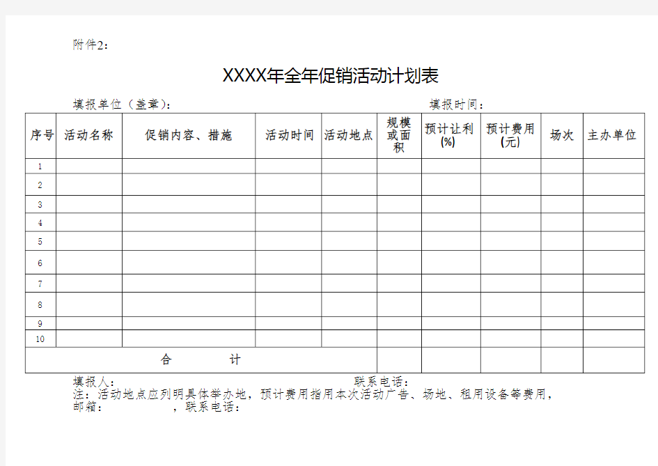 XXXX年全年促销活动计划表