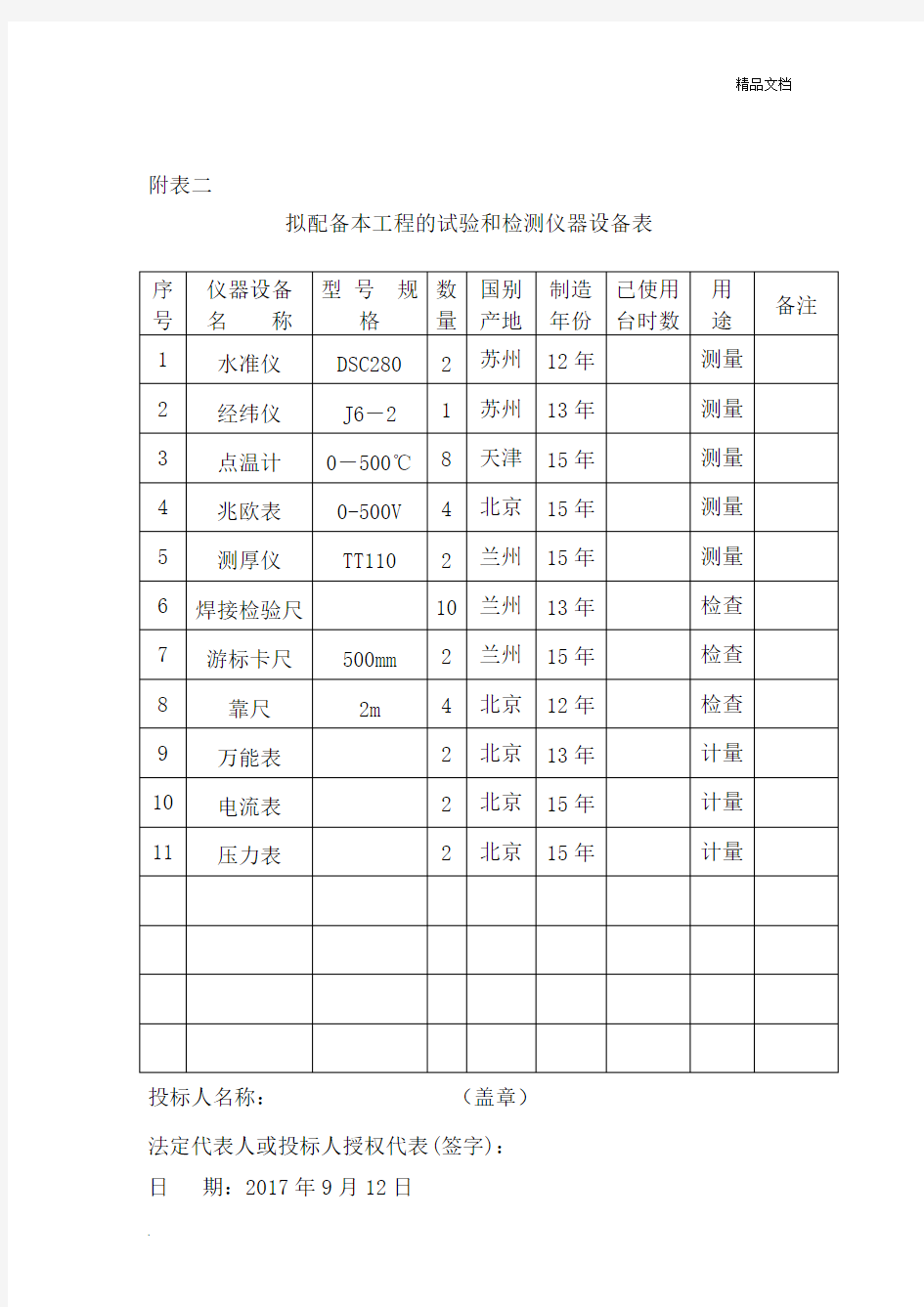 试验和检测仪器设备表模板