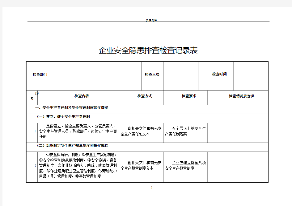 企业安全隐患排查检查记录表