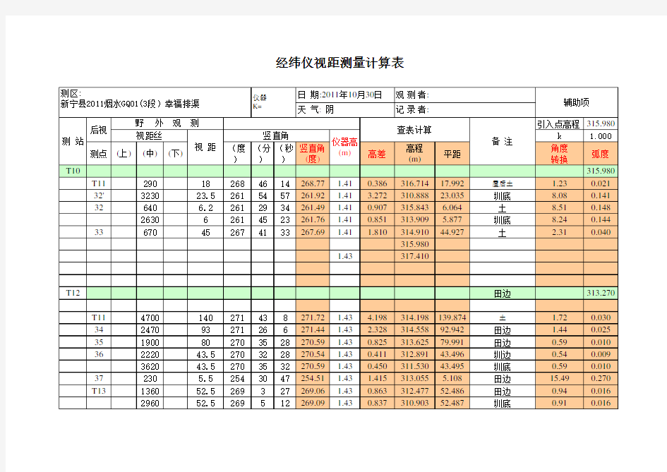 经纬仪测量计算公式表