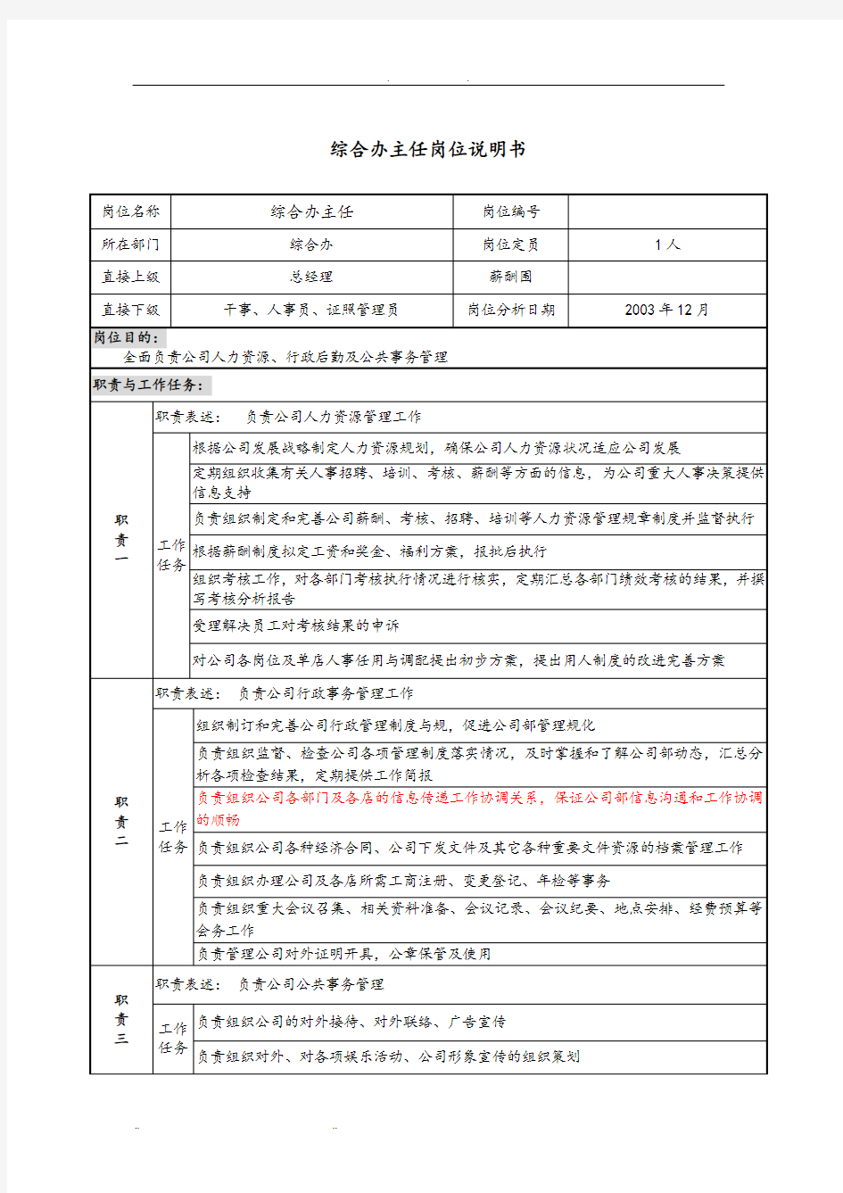 餐饮企业综合办岗位说明书