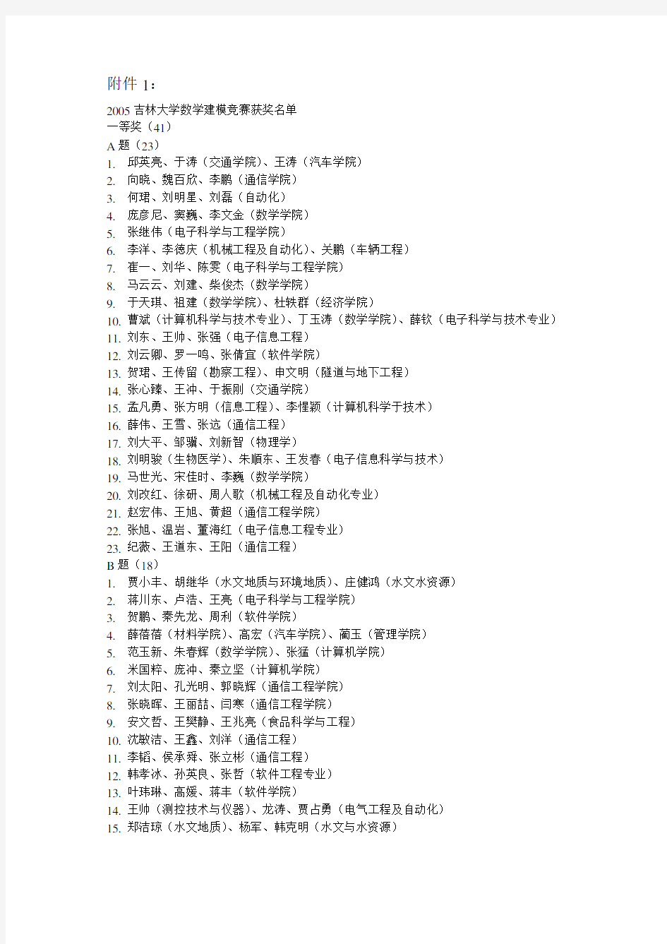 2005吉林大学数学建模竞赛获奖名单