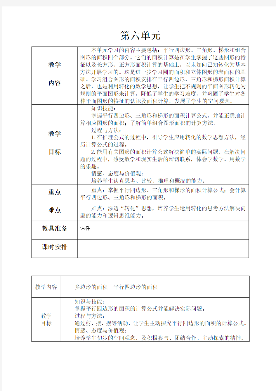 五年级数学教案上册第六单元教案(表格式打印版)