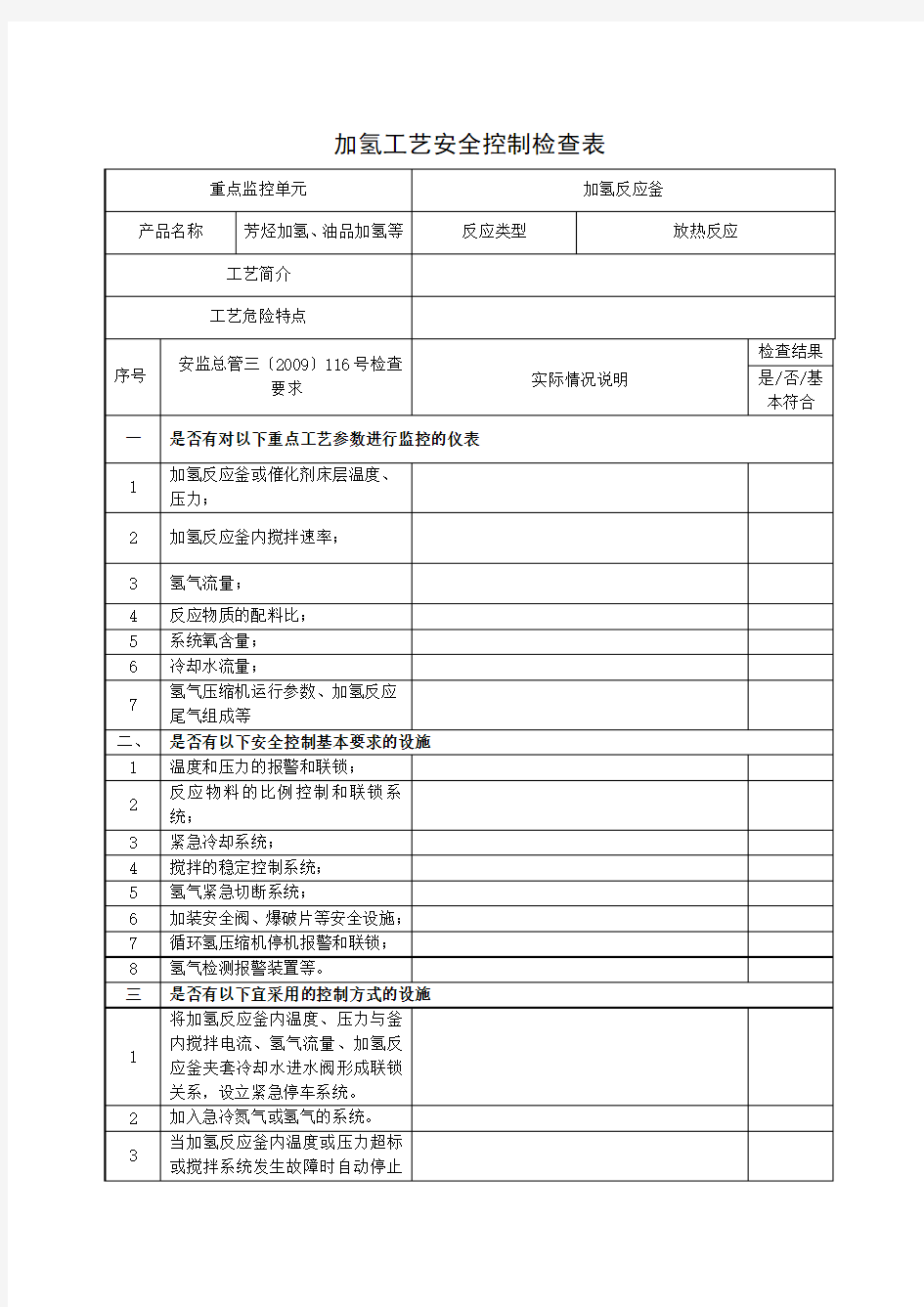 加氢工艺安全控制检查表.doc