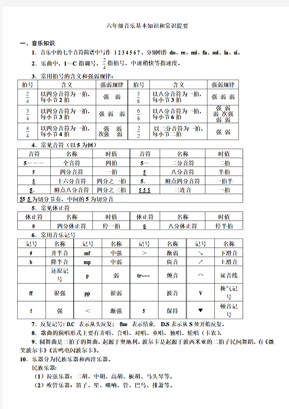 六年级《音乐》知识点汇总