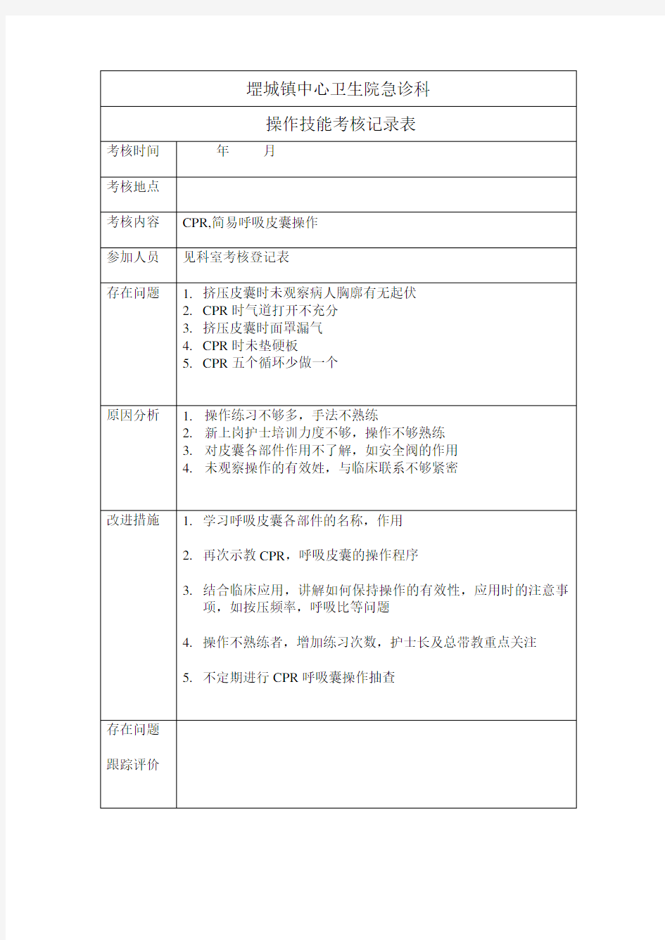 急诊科技能考核记录表