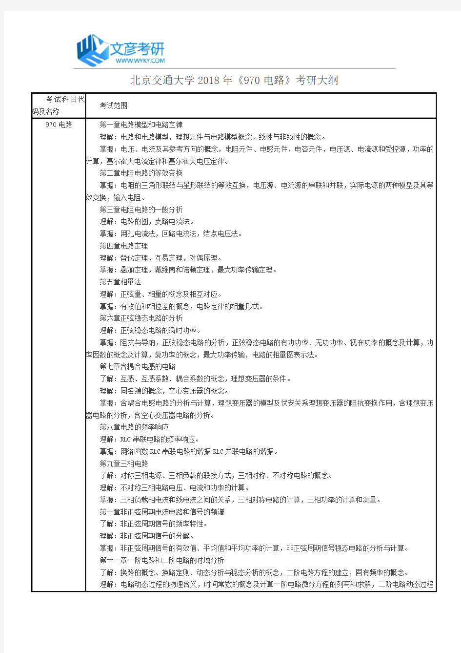 北京交通大学2018年《970 电路》考研大纲_北京交通大学考研网