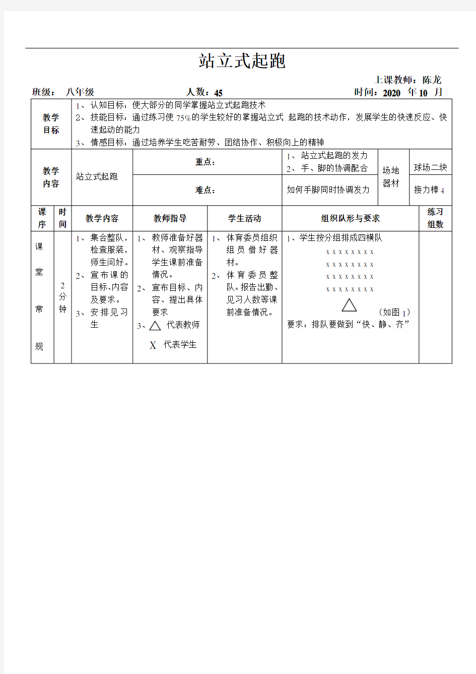 初中体育站立式起跑教案