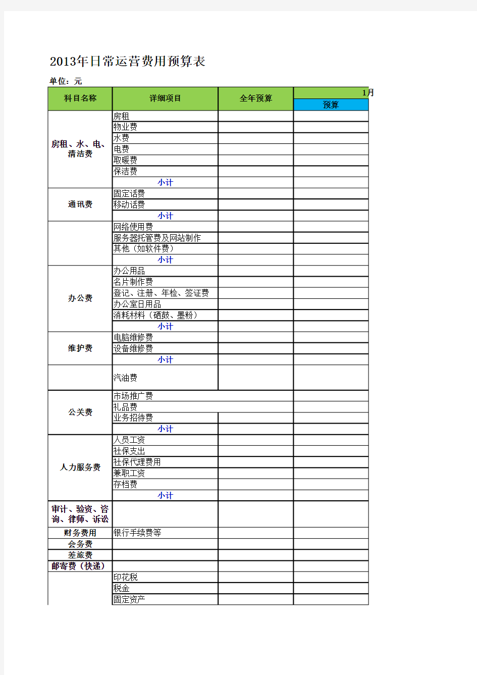 小公司日常运营费用预算表