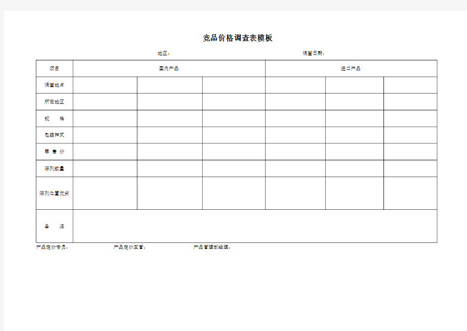 竞品价格调查表模板