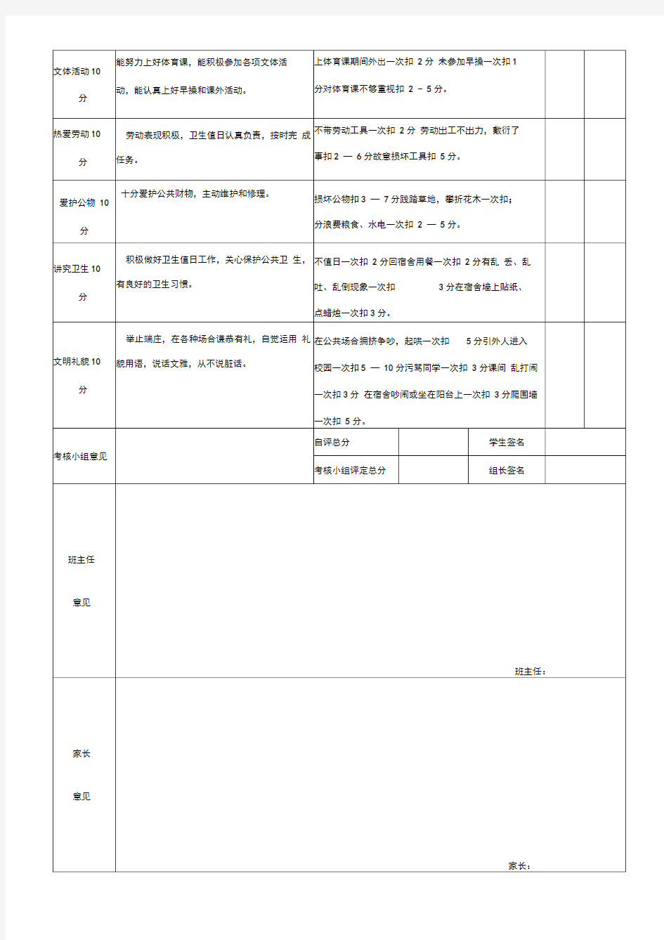 学生操行评定表