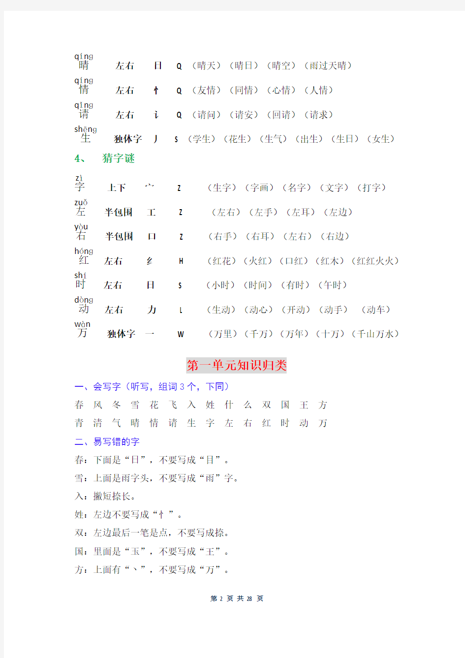 人教部编版一年级下册语文总复习资料