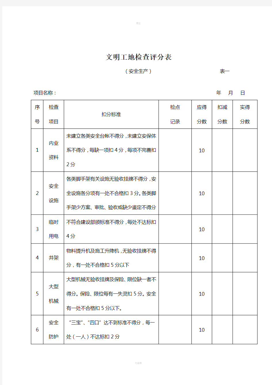 文明工地检查评分表