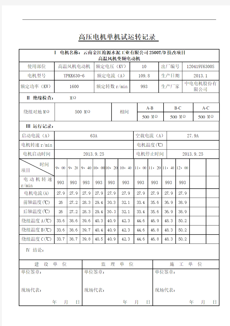 电动机单机试车记录分解