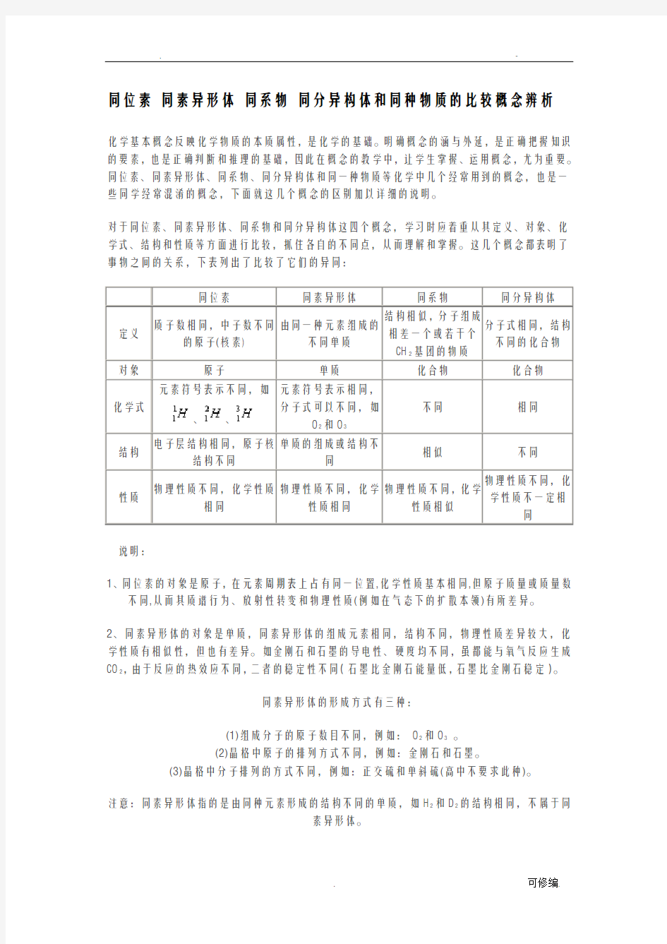 同位素同素异形体同系物同分异构体和同种物质的比较概念辨析