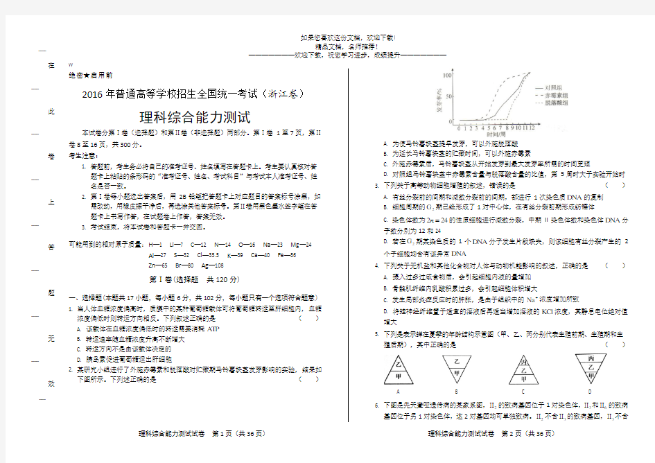 2016年高考理综浙江卷