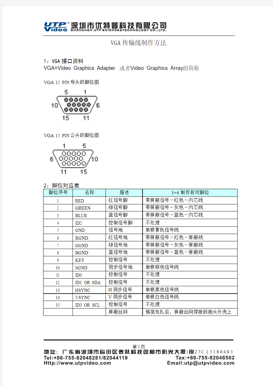 VGA线缆接头接线方法