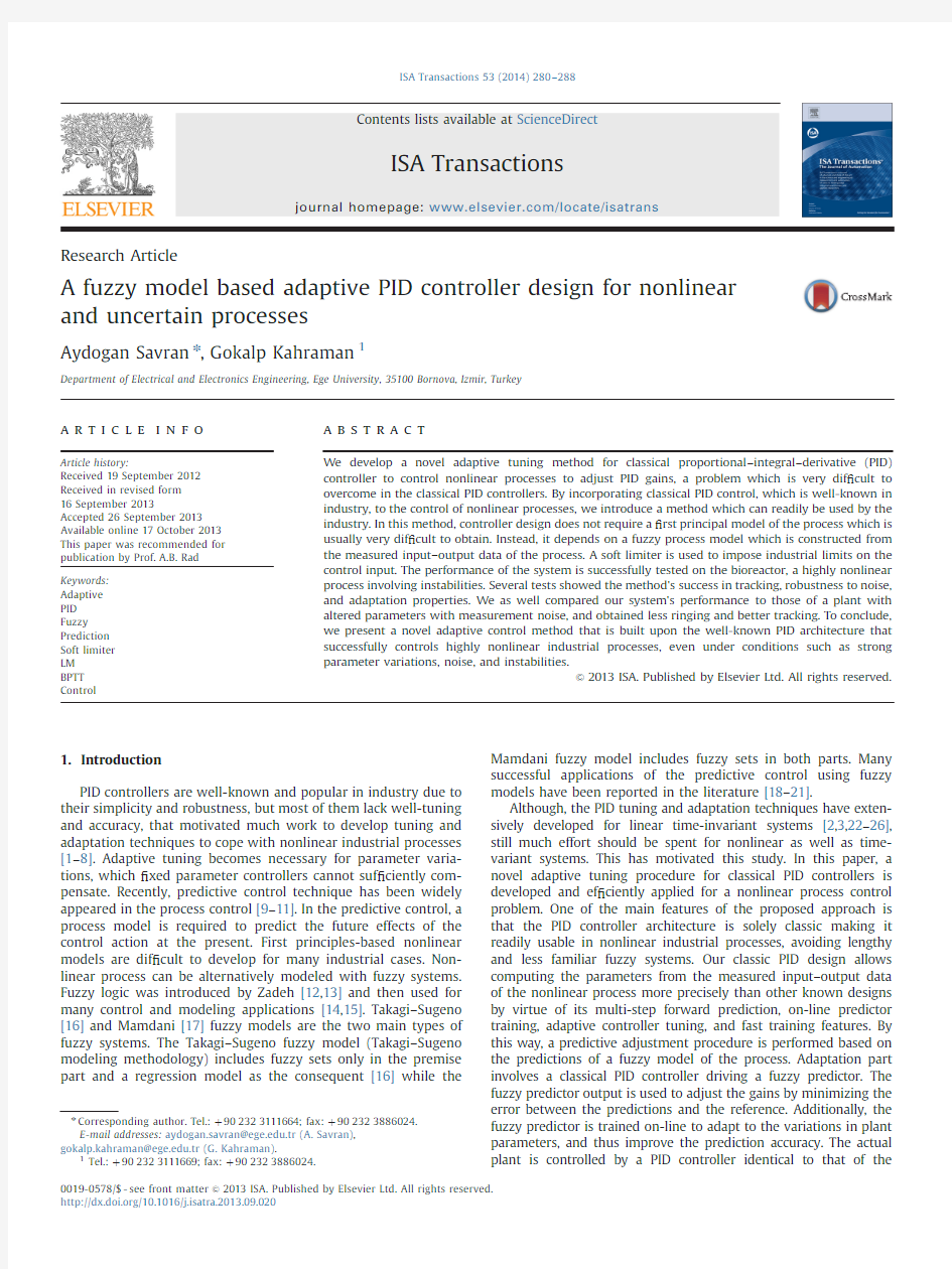 A fuzzy model based adaptive PID controller design for nonlinear and uncertain processes