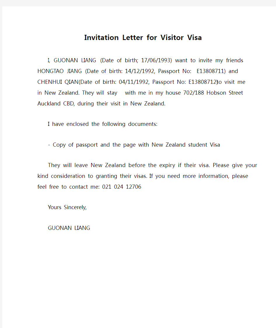 Invitation Letter for Visitor Visa