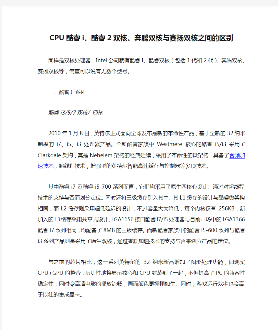 CPU酷睿i、酷睿2双核、奔腾双核与赛扬双核之间的区别