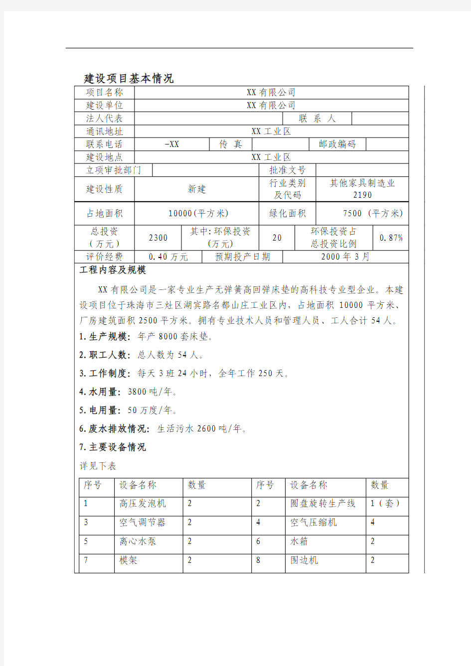 家具项目环境影响评价报告表