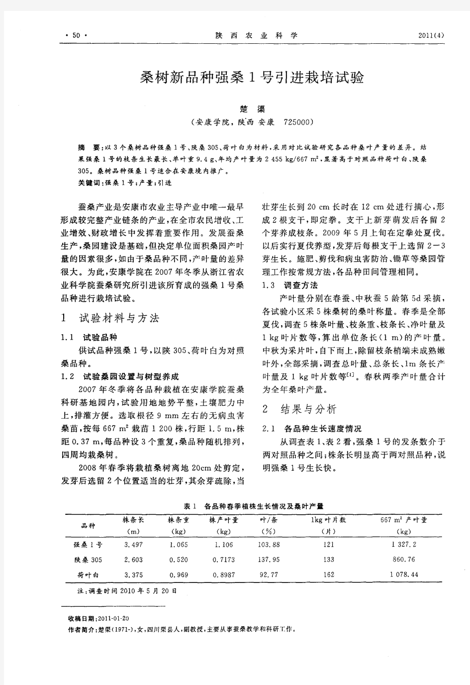 桑树新品种强桑1号引进栽培试验