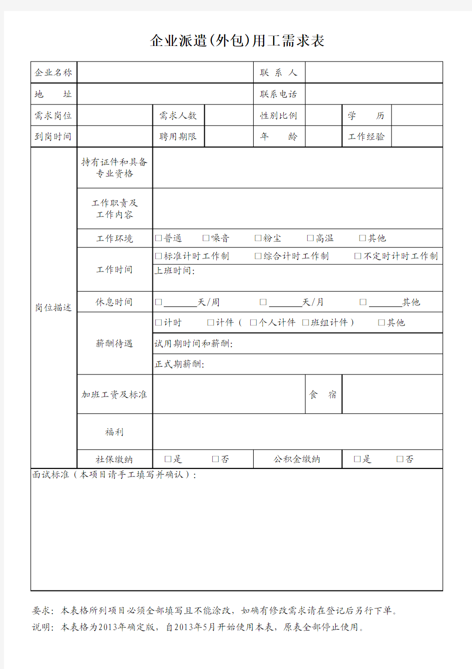 企业派遣(外包)用工需求表2013.5.6