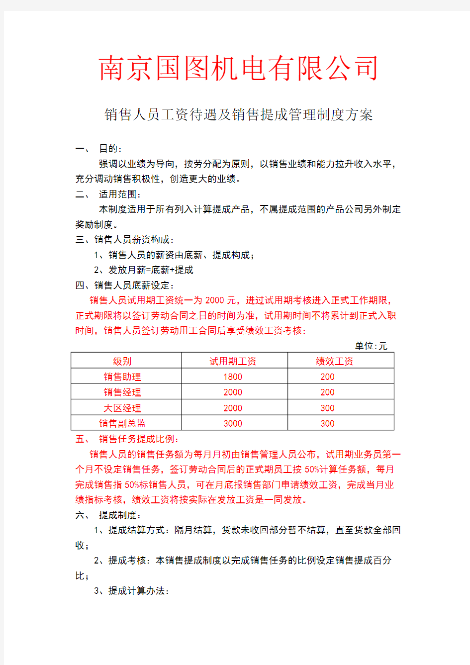 销售人员工资待遇及销售提成管理制度方案