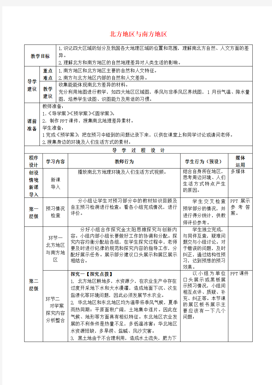 2019年高考地理总复习 区域地理——中国地理《北方地区和南方地区》教案