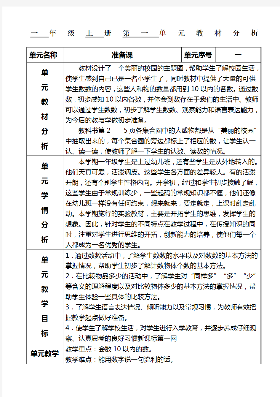 人教版一年级数学上册准备课教案