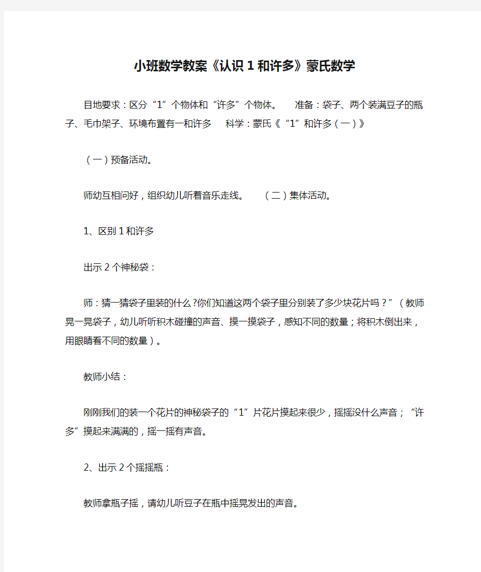 2021小班数学教案《认识1和许多》蒙氏数学