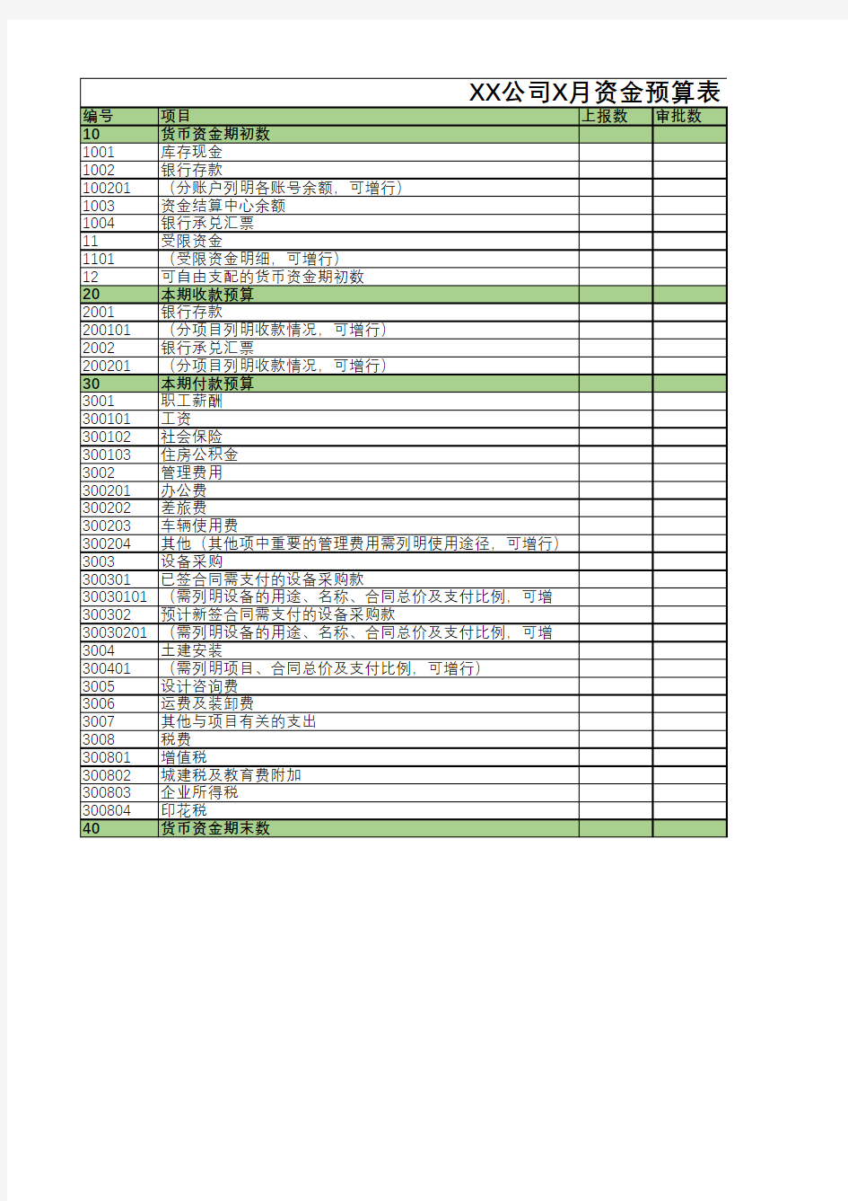 公司资金预算表