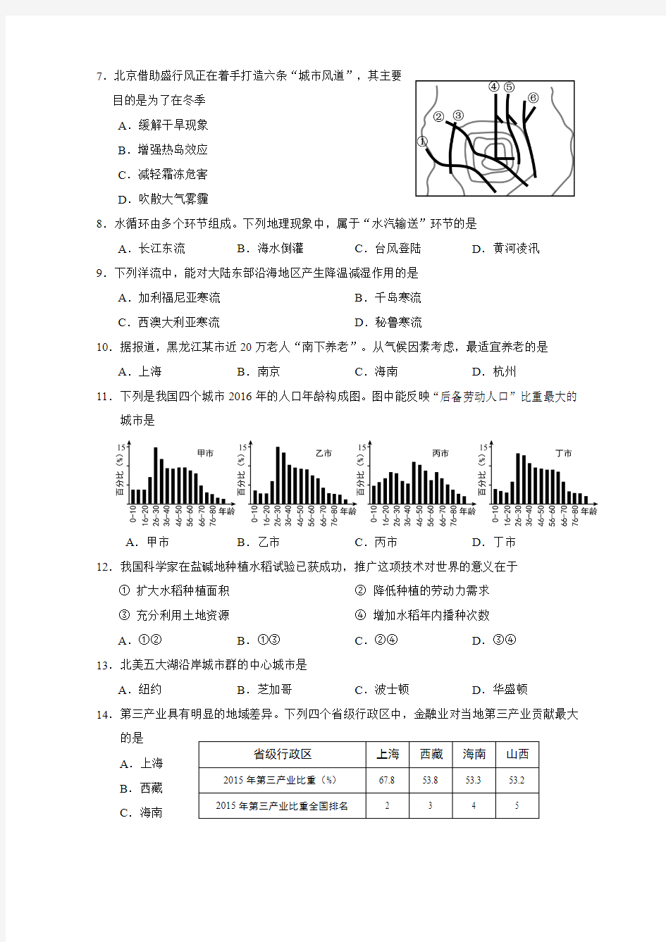 2017上海学业水平等级性考试地理卷有答案版
