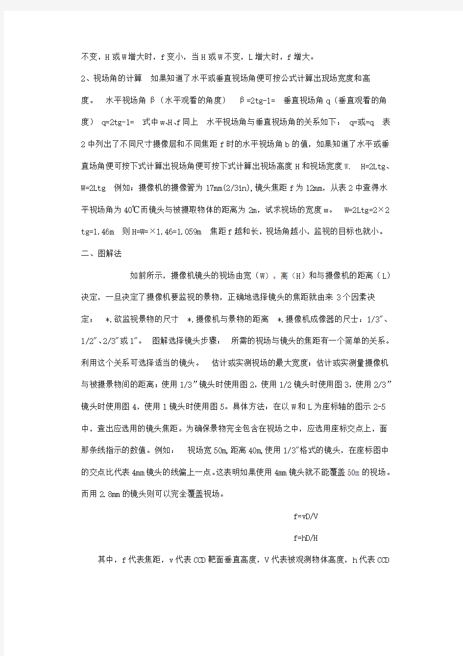 监控摄像机镜头焦距计算方法