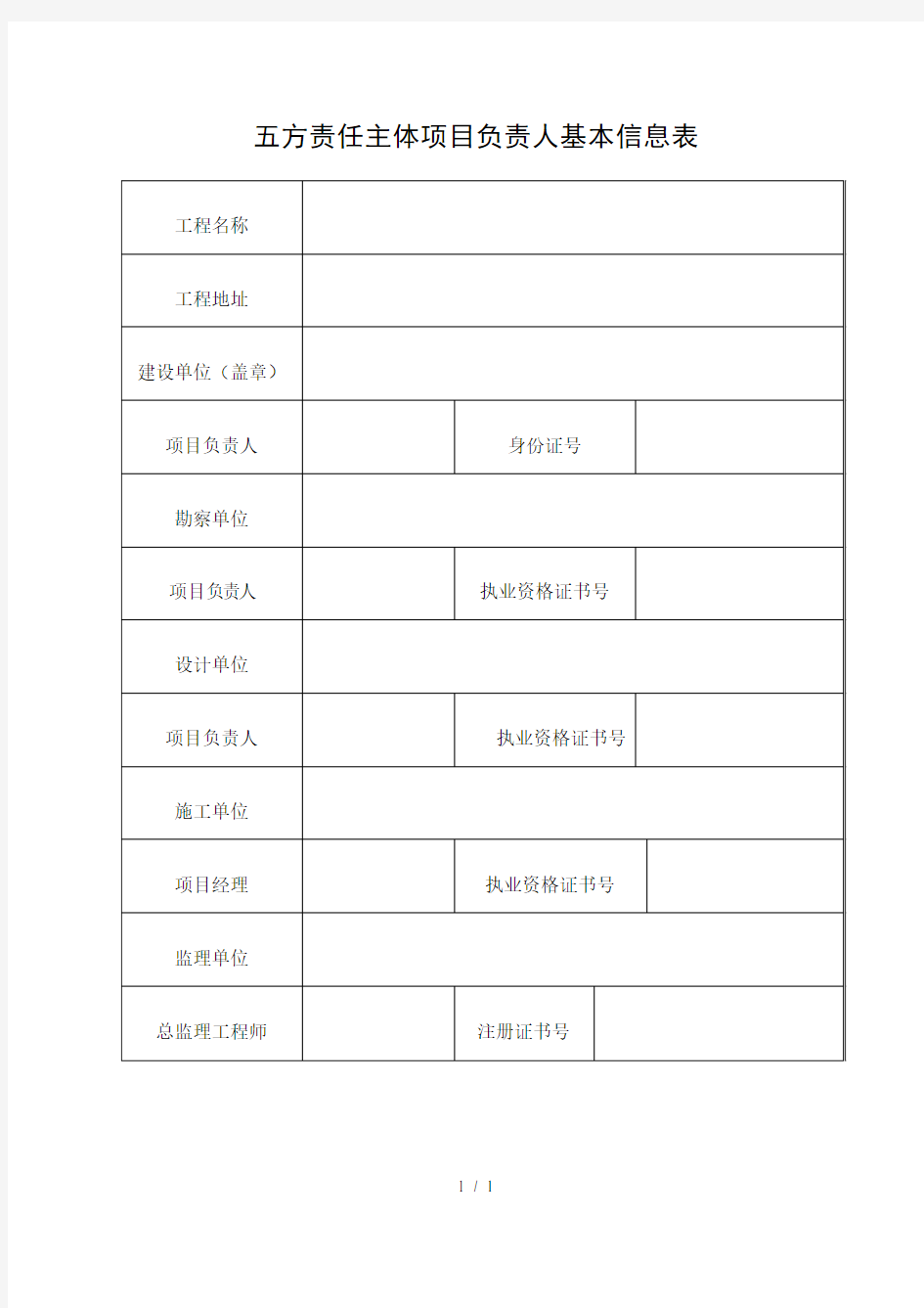 五方责任主体项目负责人基本信息表