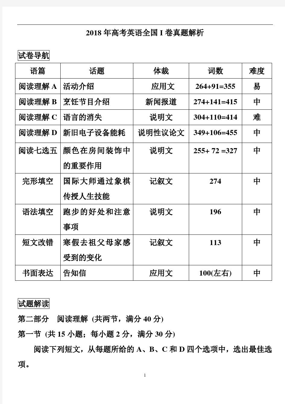 【详细解析】2018年高考英语全国1卷真题