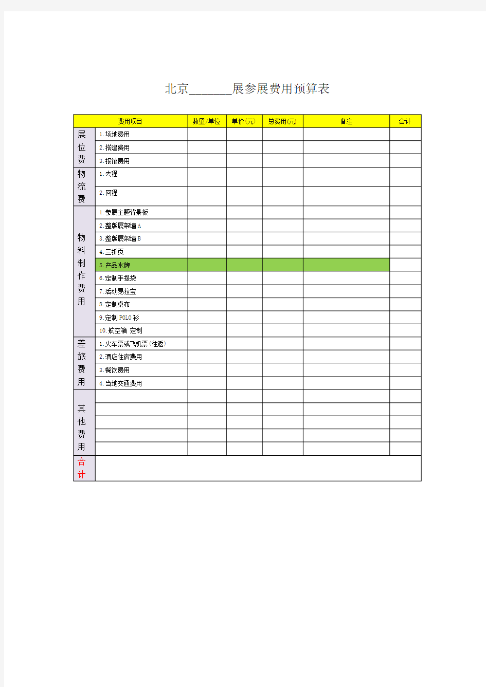 展会费用预算表
