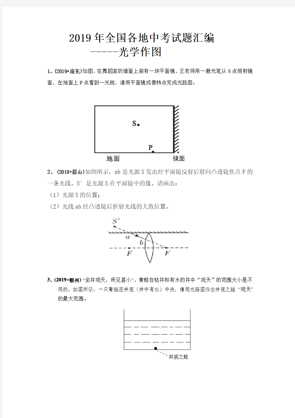 2019年全国各地中考试题汇编之光学作图及答案