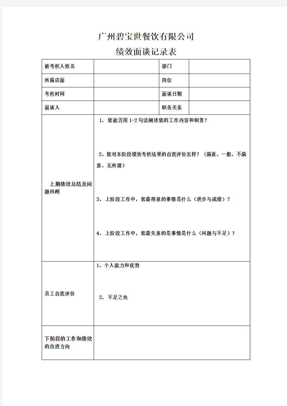 绩效面谈记录表