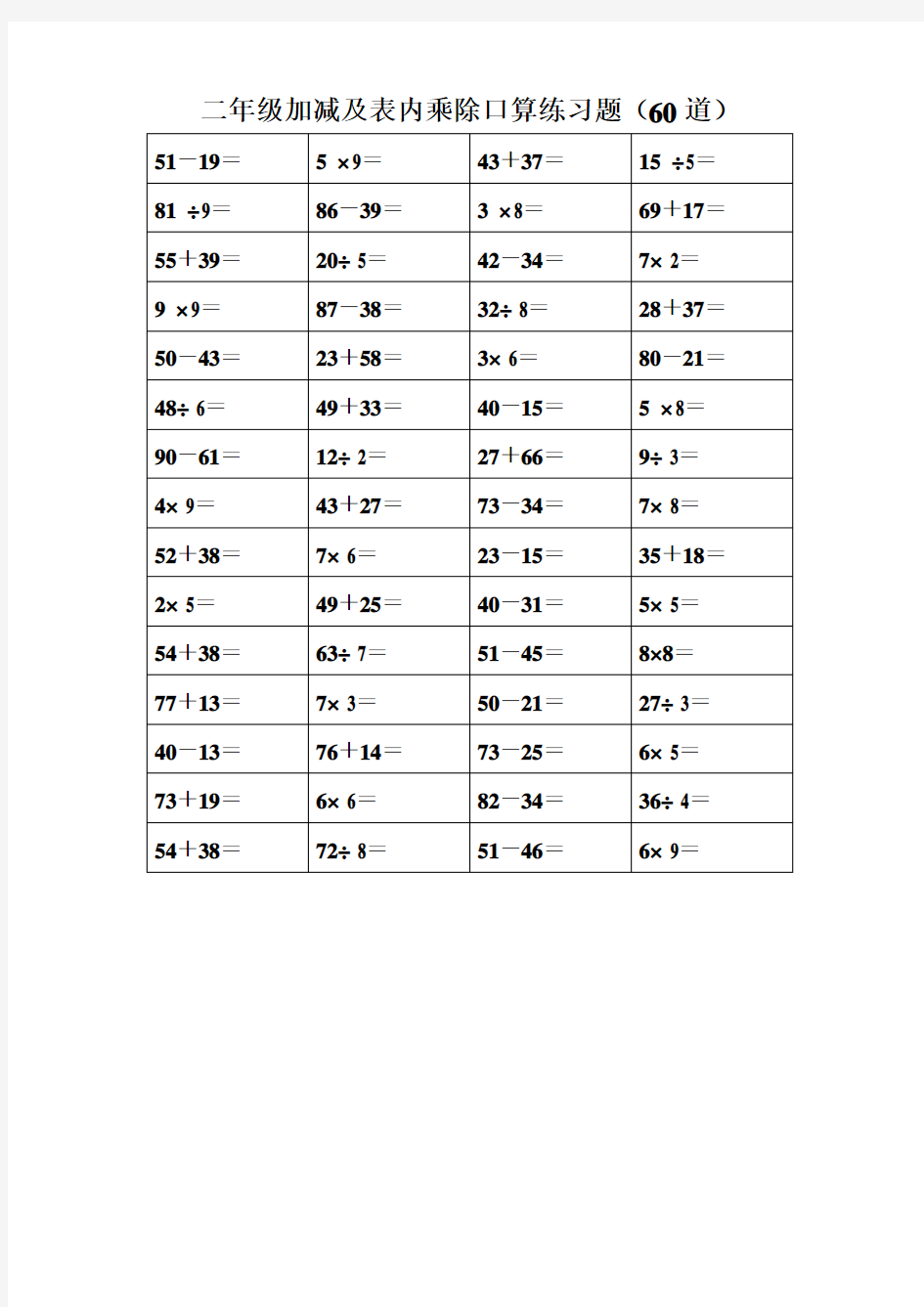 加减混合及乘除法表内乘除混合口算练习题(60道题)