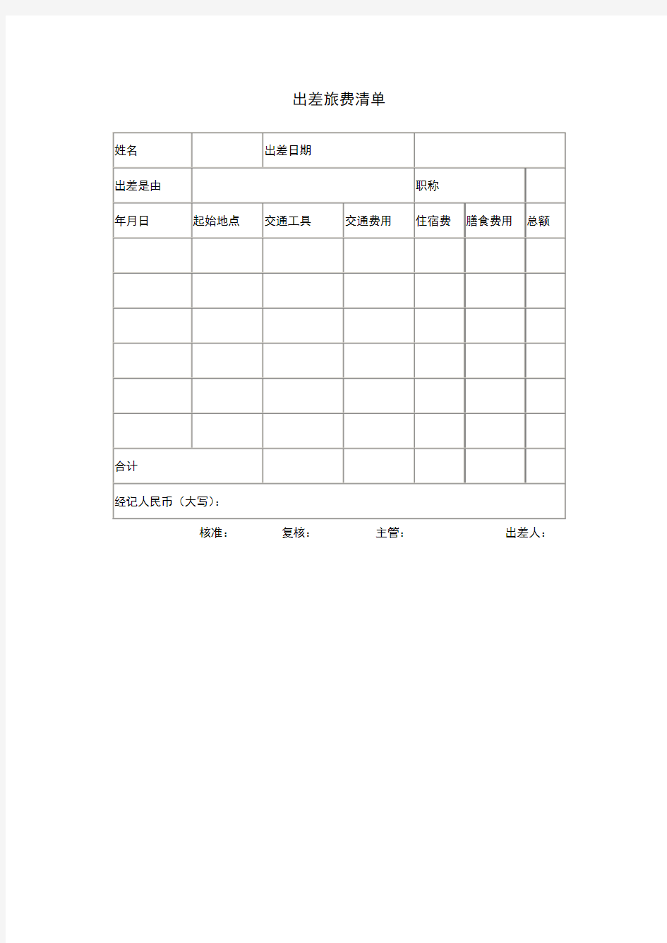 出差旅费清单表格格式