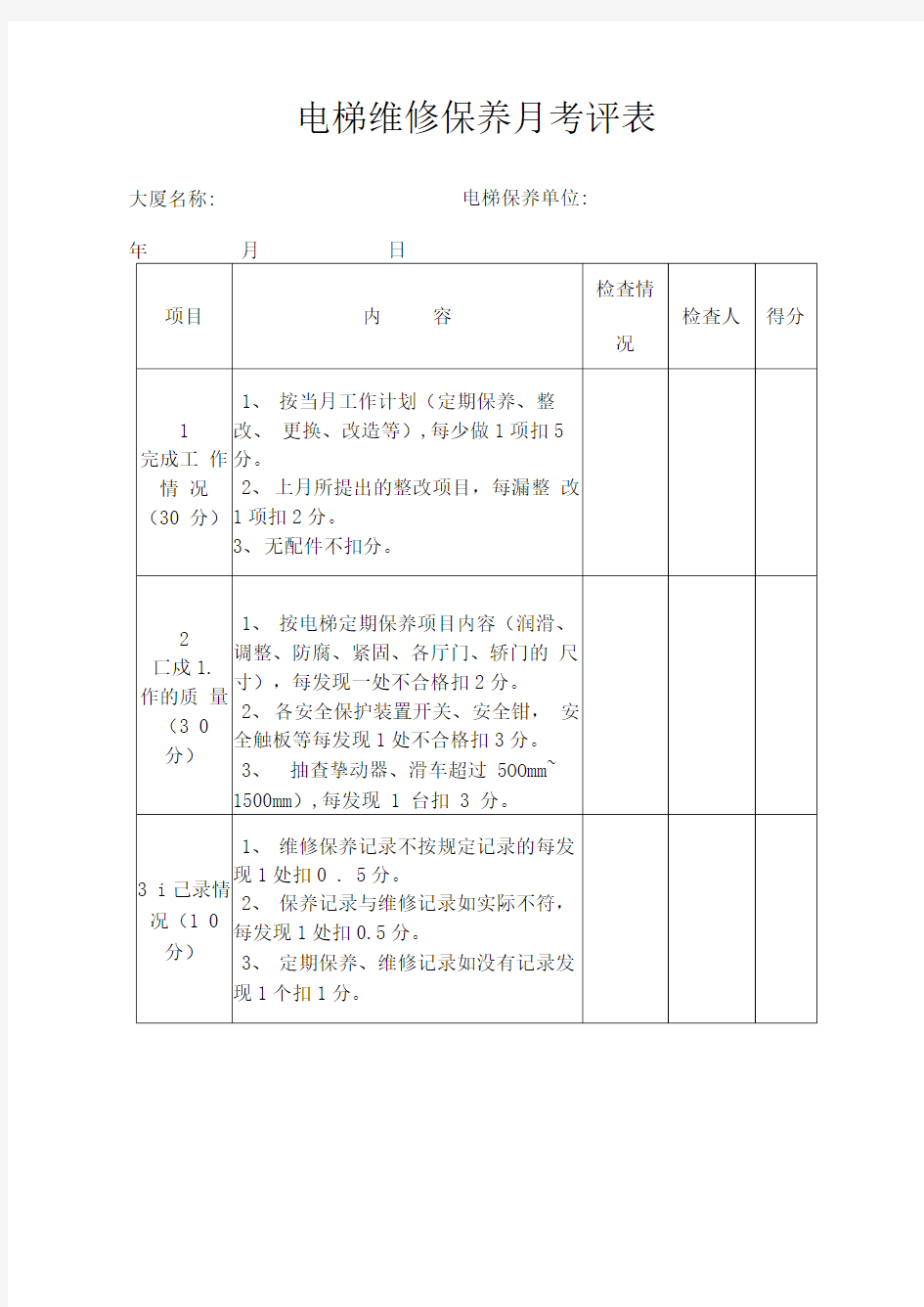 物业管理表格-电梯维修保养月考评表