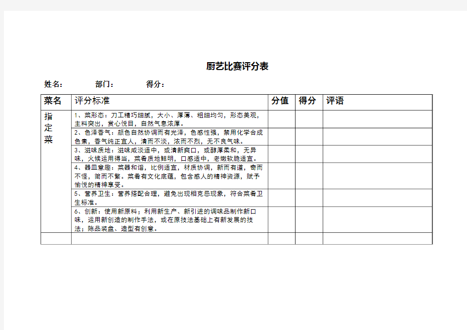 厨艺比赛评分表