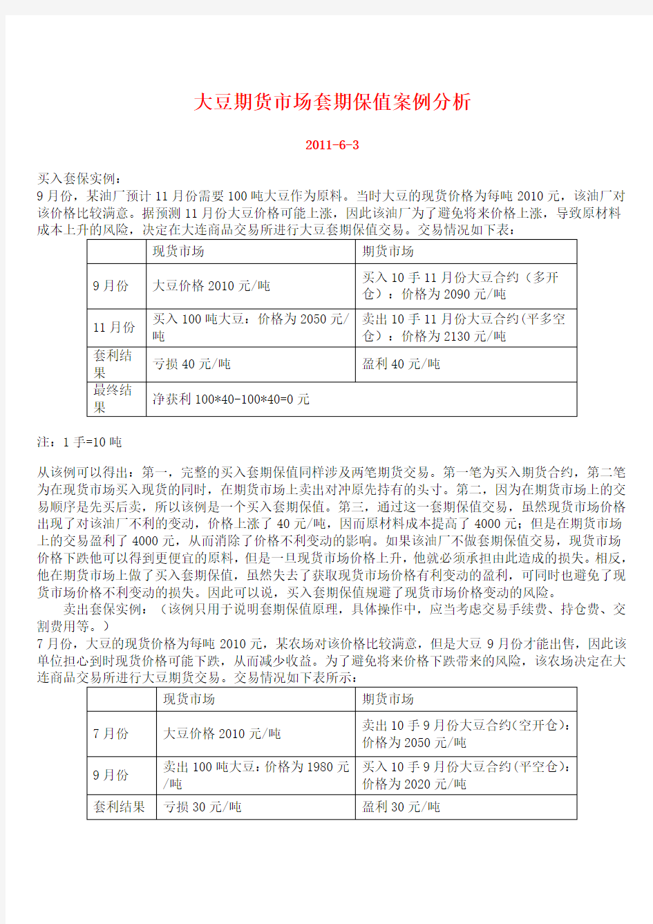 大豆期货市场套期保值案例分析Word文档