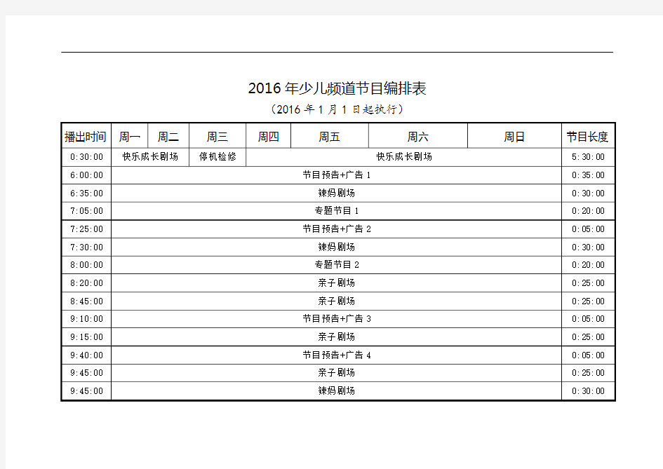 2016年少儿频道节目编排表