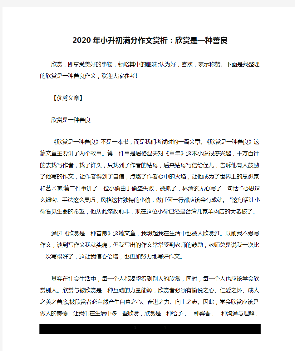 2020年小升初满分作文赏析：欣赏是一种善良.doc