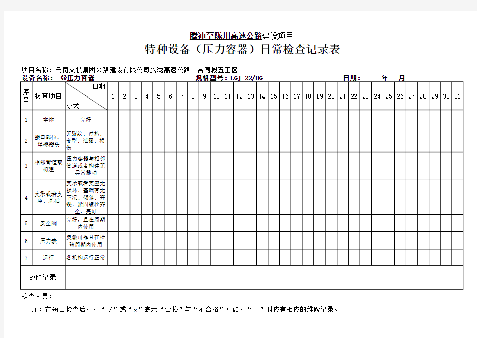 特种设备日常检查记录表(压力容器)