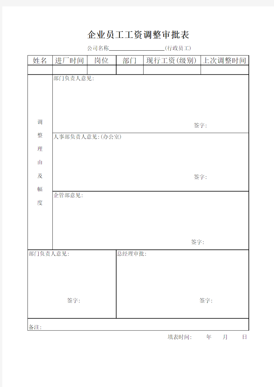 行政员工工资调整审批