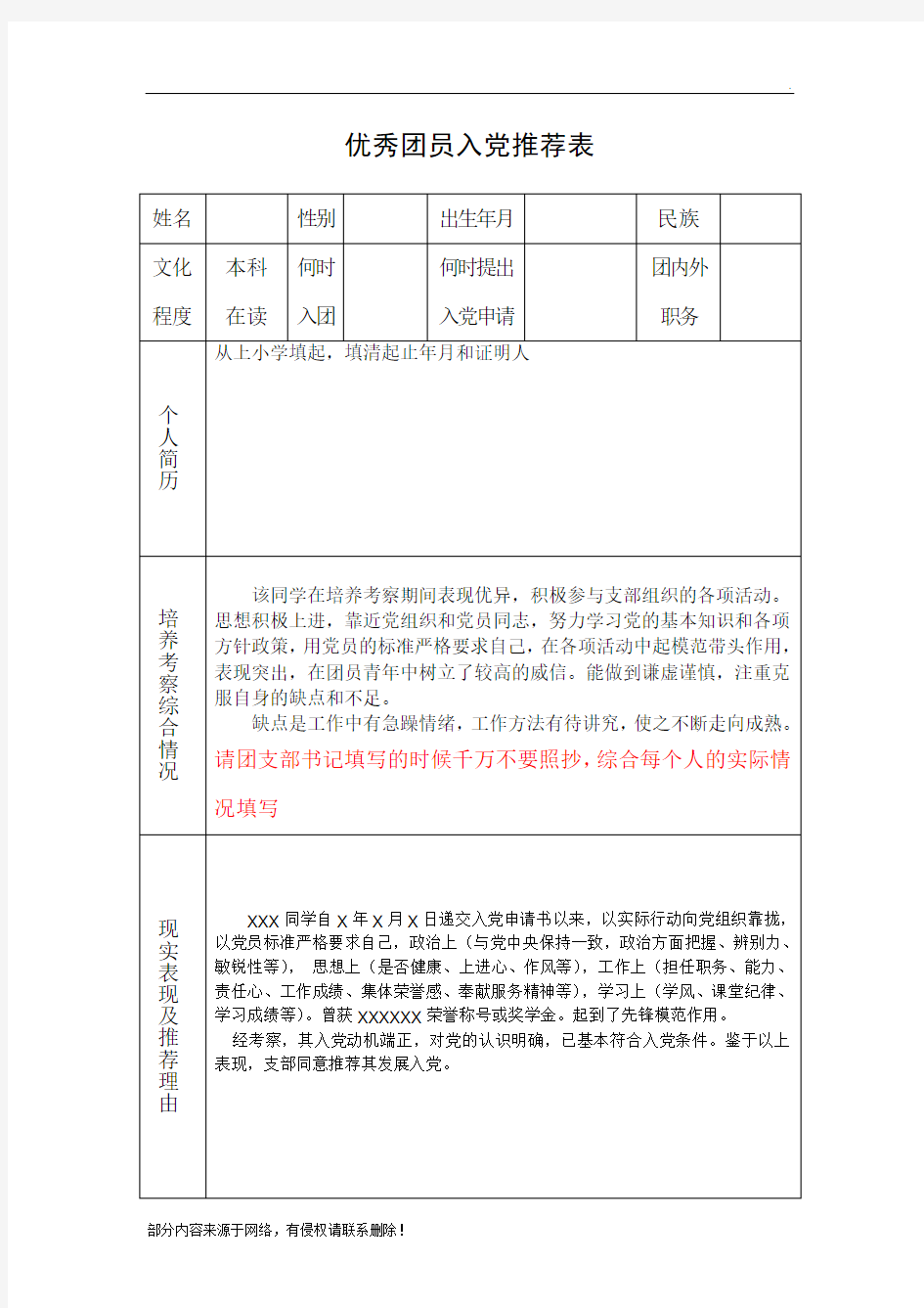 优秀团员入党推荐表填写模板