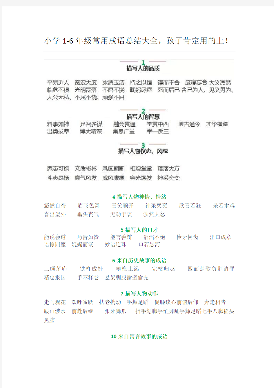 小学1-6年级常用成语总结大全